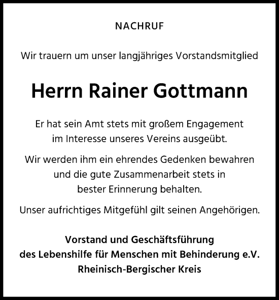 Anzeige von Rainer Gottmann von Kölner Stadt-Anzeiger / Kölnische Rundschau / Express