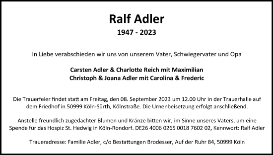 Anzeige von Ralf Adler von Kölner Stadt-Anzeiger / Kölnische Rundschau / Express