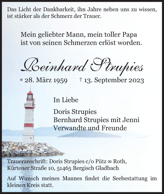 Anzeige von Reinhard Strupies von Kölner Stadt-Anzeiger / Kölnische Rundschau / Express