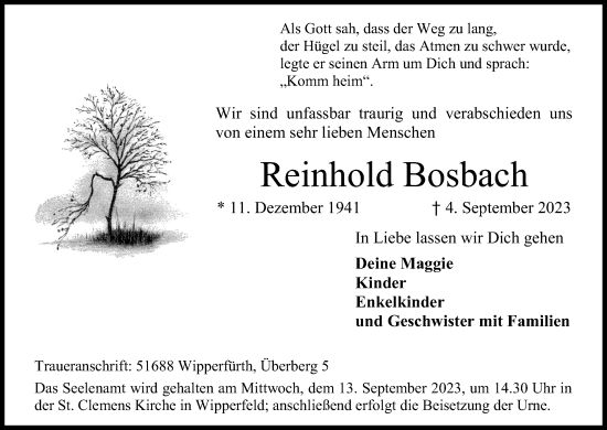 Anzeige von Reinhold Bosbach von Kölner Stadt-Anzeiger / Kölnische Rundschau / Express