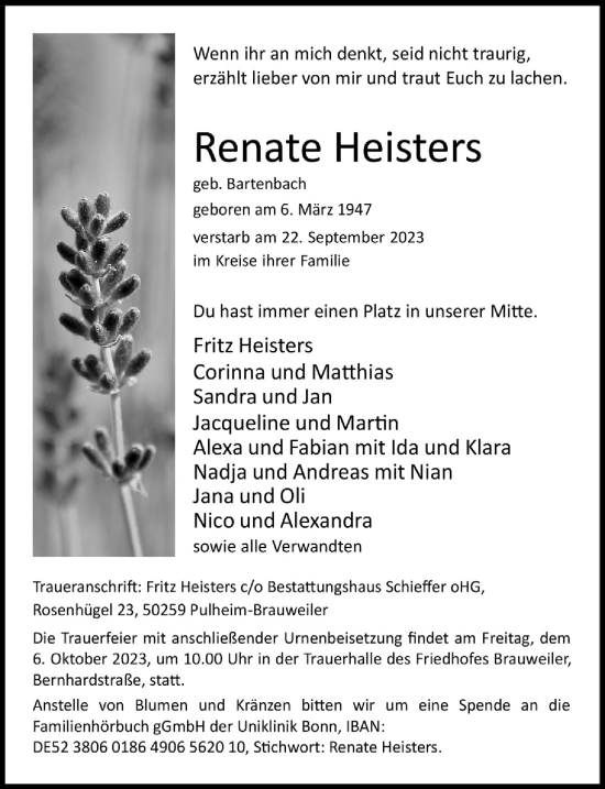 Anzeige von Renate Heisters von  Wochenende 