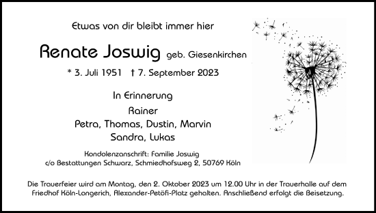 Anzeige von Renate Joswig von Kölner Stadt-Anzeiger / Kölnische Rundschau / Express