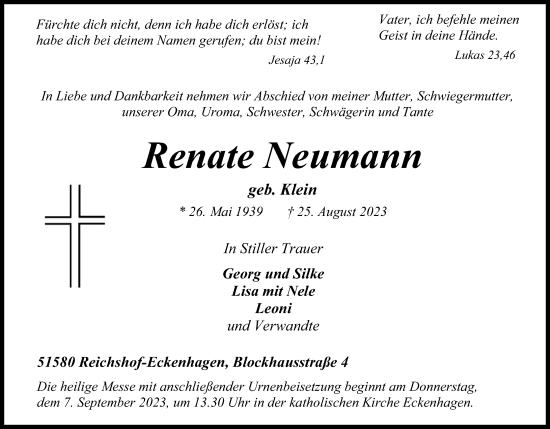 Anzeige von Renate Neumann von Kölner Stadt-Anzeiger / Kölnische Rundschau / Express