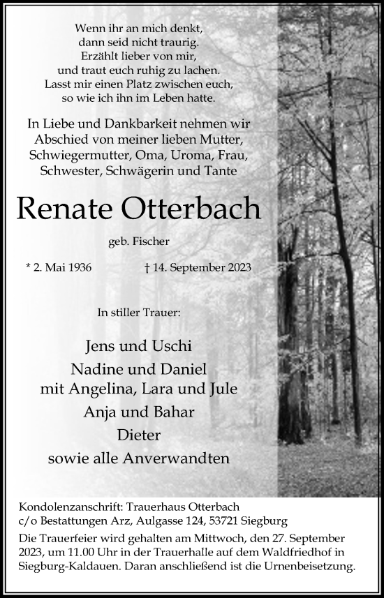 Anzeige von Renate Otterbach von Kölner Stadt-Anzeiger / Kölnische Rundschau / Express