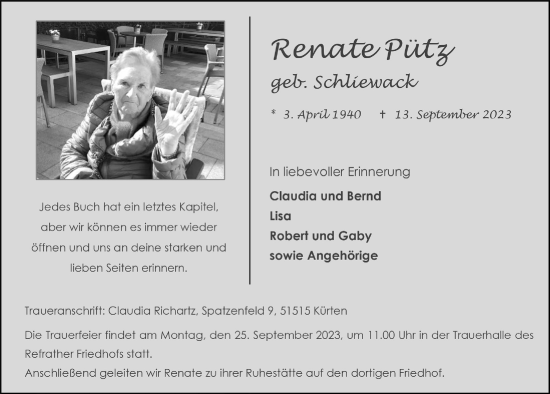 Anzeige von Renate Pütz von  Bergisches Handelsblatt 