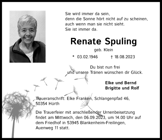 Anzeige von Renate Spuling von Kölner Stadt-Anzeiger / Kölnische Rundschau / Express