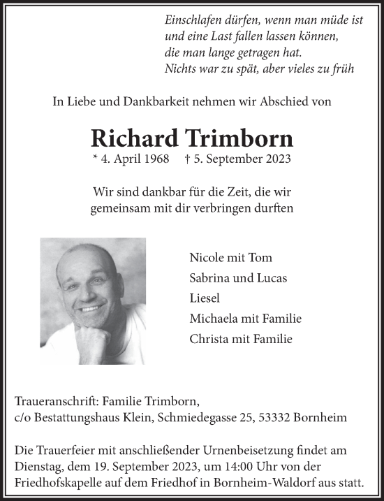 Anzeige von Richard Trimborn von  Schaufenster/Blickpunkt 