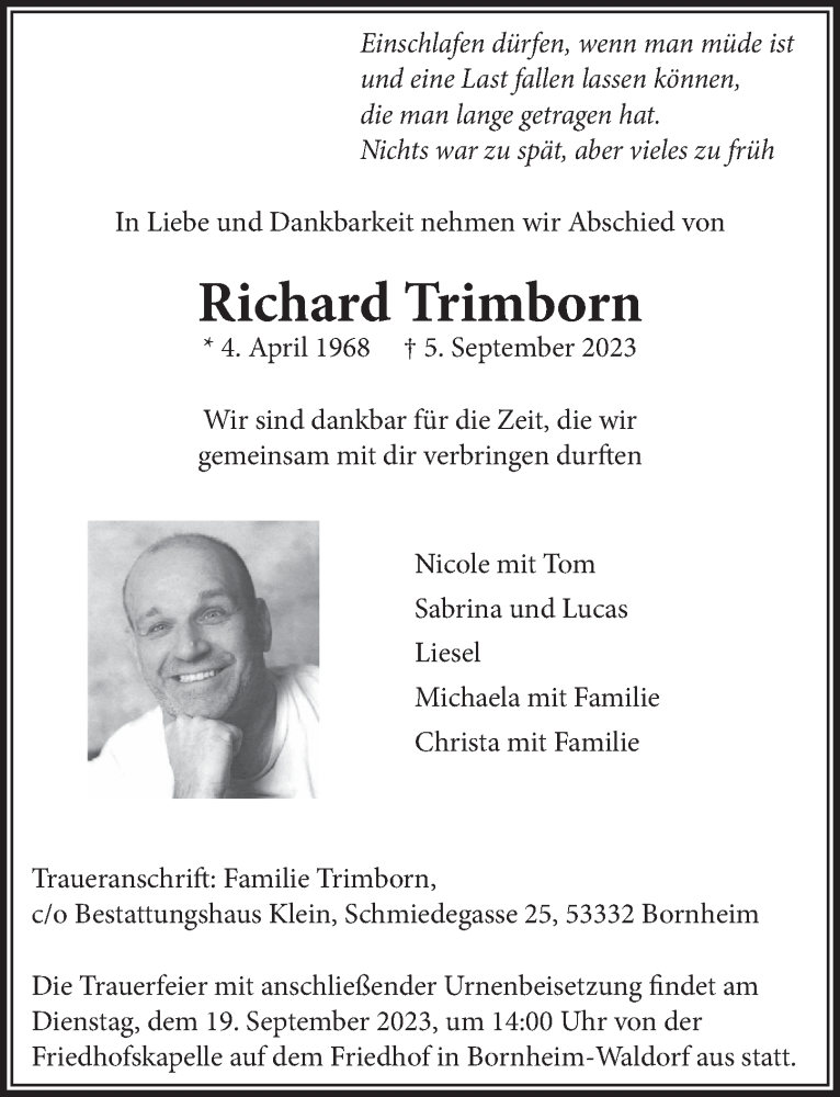  Traueranzeige für Richard Trimborn vom 15.09.2023 aus  Schaufenster/Blickpunkt 