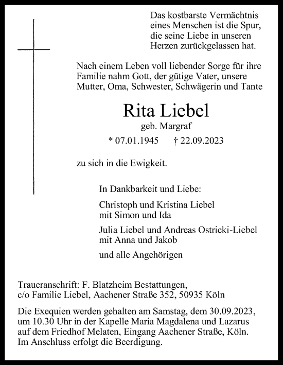 Anzeige von Rita Liebel von Kölner Stadt-Anzeiger / Kölnische Rundschau / Express