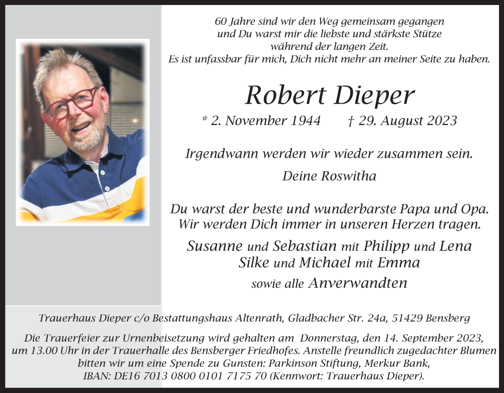  Traueranzeige für Robert Dieper vom 02.09.2023 aus Kölner Stadt-Anzeiger / Kölnische Rundschau / Express