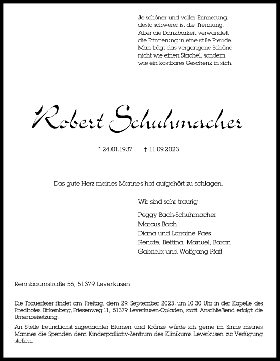 Anzeige von Robert Schumacher von Kölner Stadt-Anzeiger / Kölnische Rundschau / Express