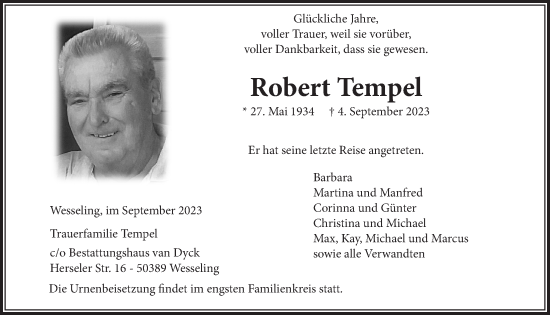 Anzeige von Robert Tempel von  Schlossbote/Werbekurier 