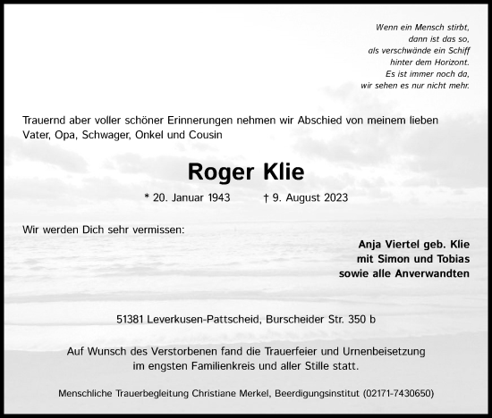 Anzeige von Roger Klie von Kölner Stadt-Anzeiger / Kölnische Rundschau / Express
