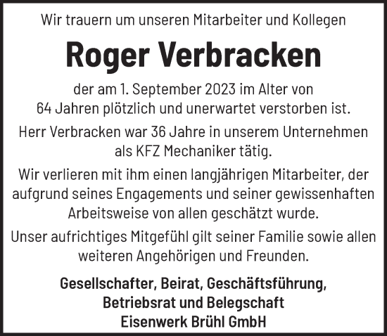 Anzeige von Roger Verbracken von  Schlossbote/Werbekurier 