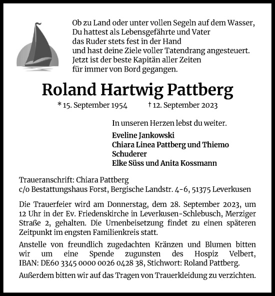 Anzeige von Roland Hartwig Pattberg von Kölner Stadt-Anzeiger / Kölnische Rundschau / Express