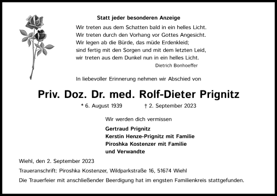 Anzeige von Rolf-Dieter Prignitz von Kölner Stadt-Anzeiger / Kölnische Rundschau / Express