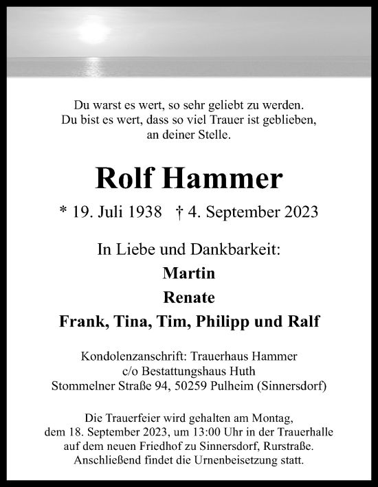 Anzeige von Rolf Hammer von Kölner Stadt-Anzeiger / Kölnische Rundschau / Express