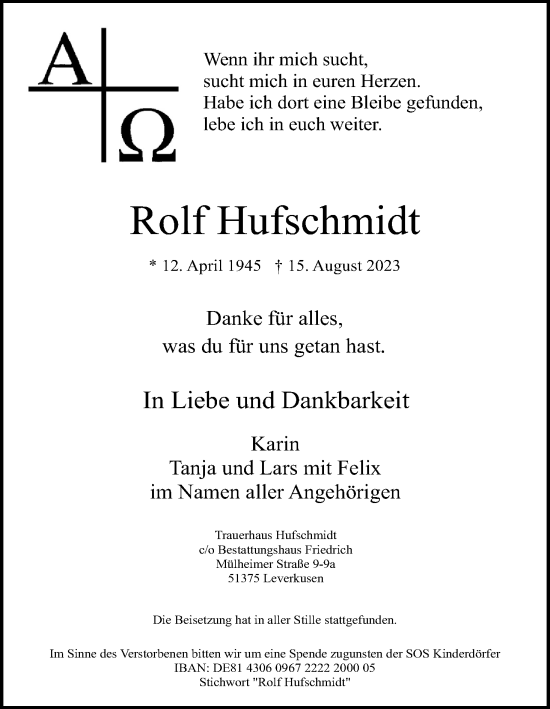 Anzeige von Rolf Hufschmidt von Kölner Stadt-Anzeiger / Kölnische Rundschau / Express