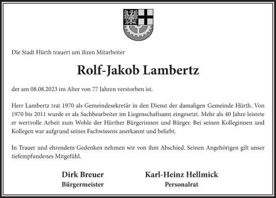 Anzeige von Rolf-Jakob Lambertz von  Wochenende 