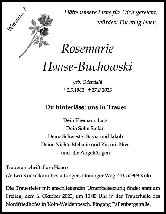 Anzeige von Rosemarie Haase-Buchowski von Kölner Stadt-Anzeiger / Kölnische Rundschau / Express