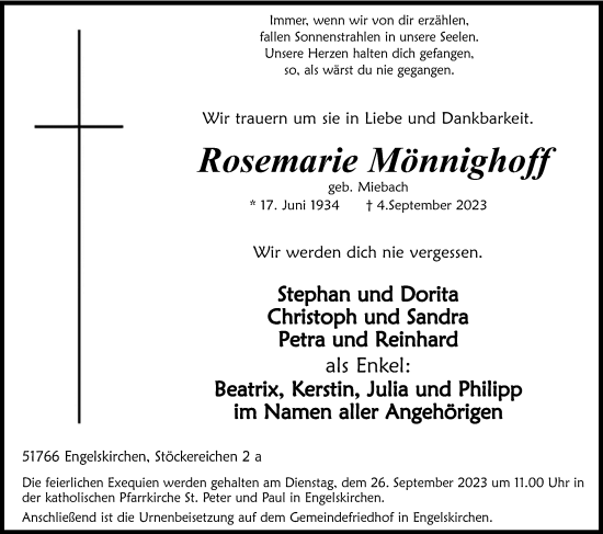Anzeige von Rosemarie Mönnighoff von Kölner Stadt-Anzeiger / Kölnische Rundschau / Express