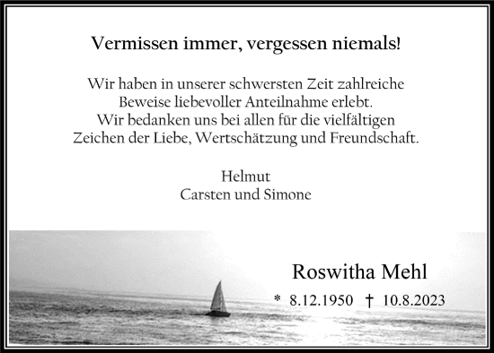 Anzeige von Roswitha Mehl von  Werbepost 