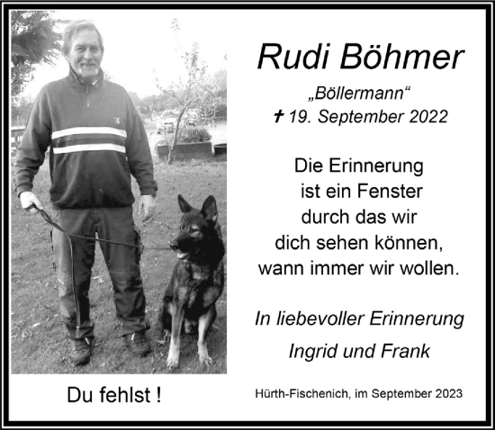 Anzeige von Rudi Böhmer von  Wochenende 