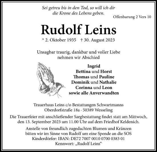 Anzeige von Rudolf Leins von Kölner Stadt-Anzeiger / Kölnische Rundschau / Express