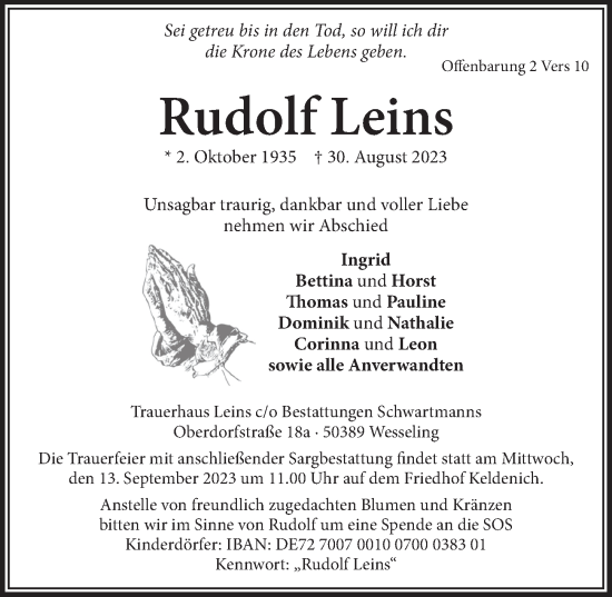 Anzeige von Rudolf Leins von  Schlossbote/Werbekurier 