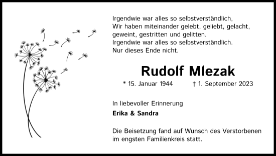 Anzeige von Rudolf Mlezak von Kölner Stadt-Anzeiger / Kölnische Rundschau / Express
