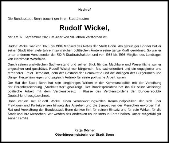 Anzeige von Rudolf Wickel von Kölner Stadt-Anzeiger / Kölnische Rundschau / Express