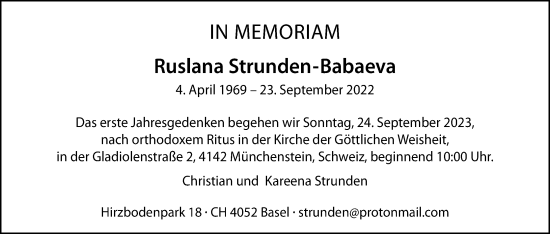 Anzeige von Ruslana Strunden-Babaeva von Kölner Stadt-Anzeiger / Kölnische Rundschau / Express