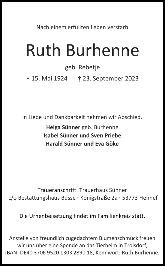Anzeige von Ruth Burhenne von Kölner Stadt-Anzeiger / Kölnische Rundschau / Express