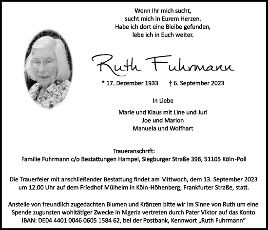 Anzeige von Ruth Fuhrmann von Kölner Stadt-Anzeiger / Kölnische Rundschau / Express