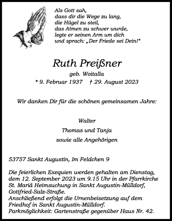 Anzeige von Ruth Preißner von Kölner Stadt-Anzeiger / Kölnische Rundschau / Express