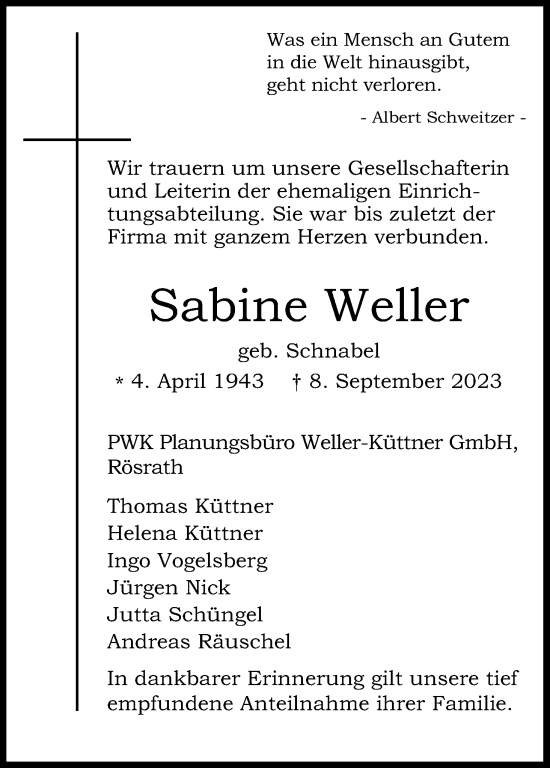 Anzeige von Sabine Weller von Kölner Stadt-Anzeiger / Kölnische Rundschau / Express