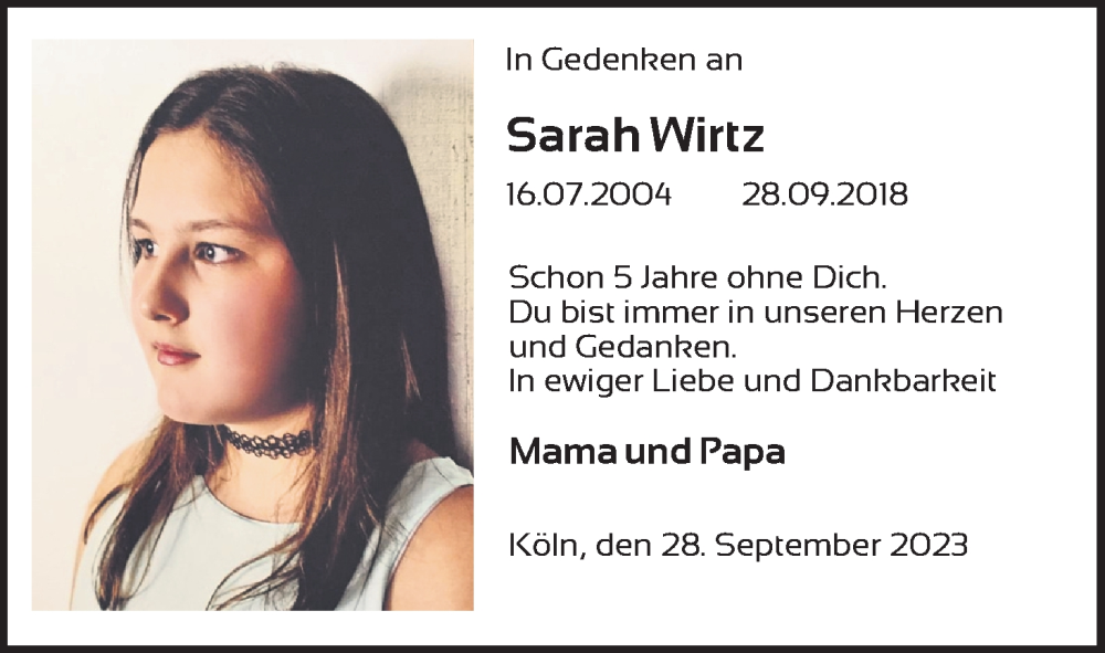  Traueranzeige für Sarah Wirtz vom 30.09.2023 aus Kölner Stadt-Anzeiger / Kölnische Rundschau / Express