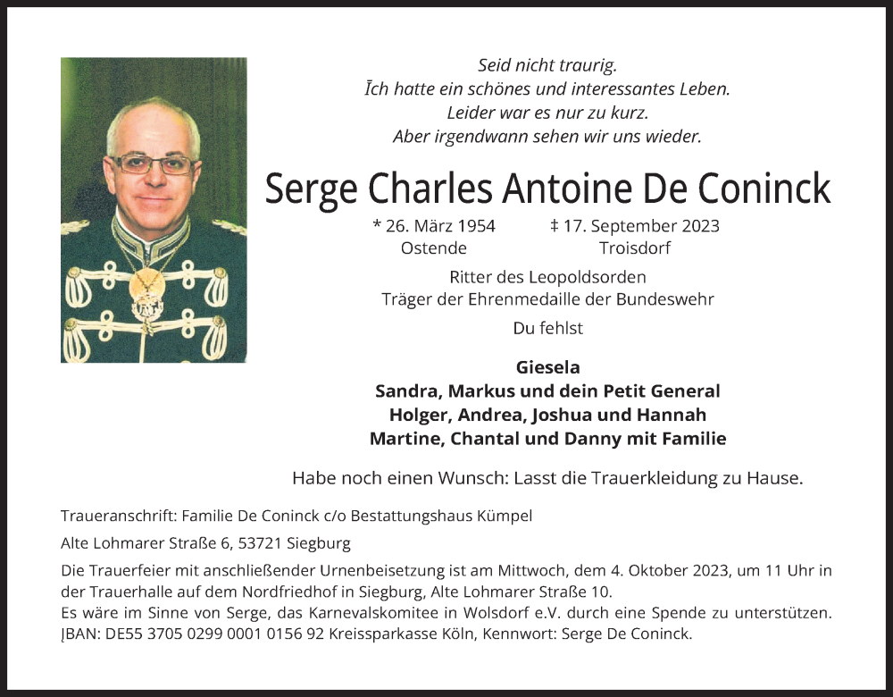  Traueranzeige für Serge Charles Antoine De Coninck vom 23.09.2023 aus Kölner Stadt-Anzeiger / Kölnische Rundschau / Express