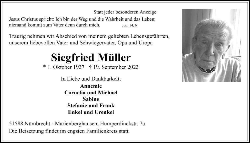  Traueranzeige für Siegfried Müller vom 22.09.2023 aus  Lokalanzeiger 