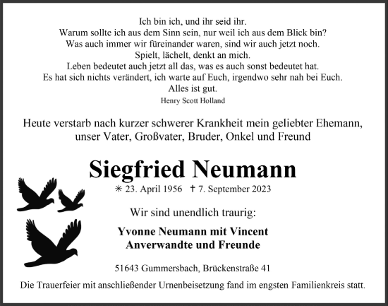 Anzeige von Siegfried Neumann von  Anzeigen Echo 