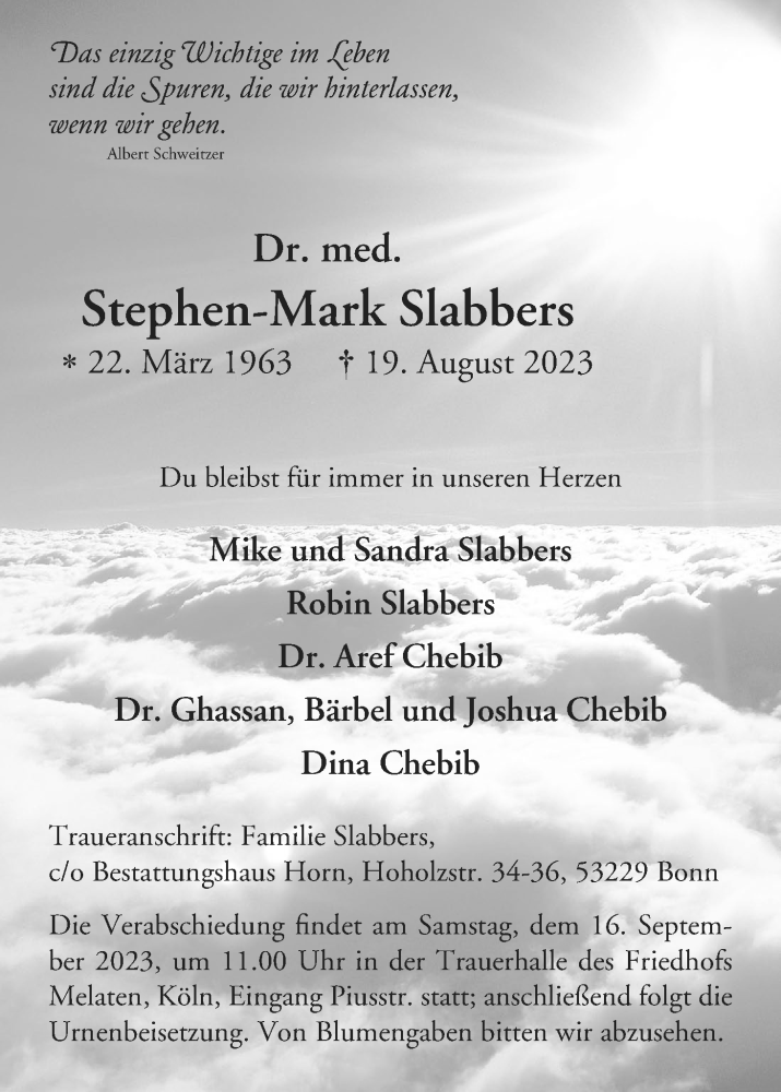  Traueranzeige für Stephen-Mark Slabbers vom 02.09.2023 aus Kölner Stadt-Anzeiger / Kölnische Rundschau / Express