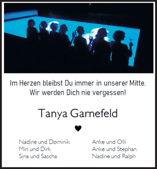 Anzeige von Tanya Garnefeld von Kölner Stadt-Anzeiger / Kölnische Rundschau / Express