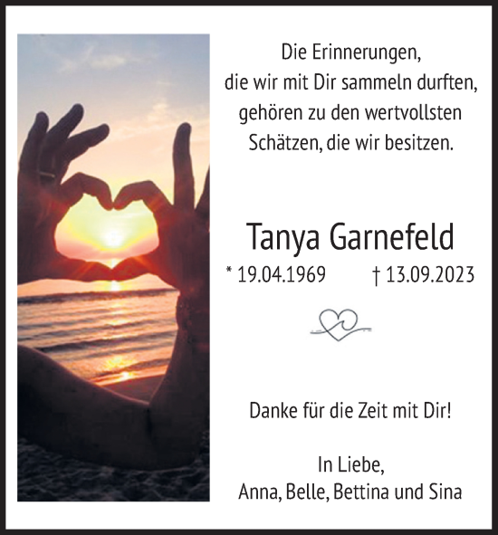 Anzeige von Tanya Garnefeld von Kölner Stadt-Anzeiger / Kölnische Rundschau / Express