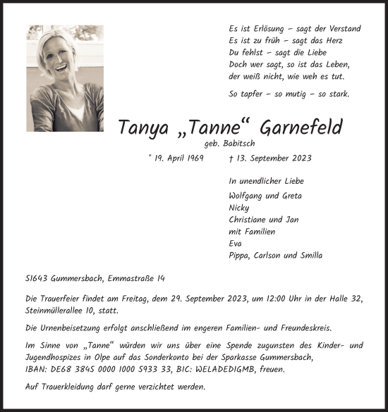 Anzeige von Tanya Garnefeld von Kölner Stadt-Anzeiger / Kölnische Rundschau / Express
