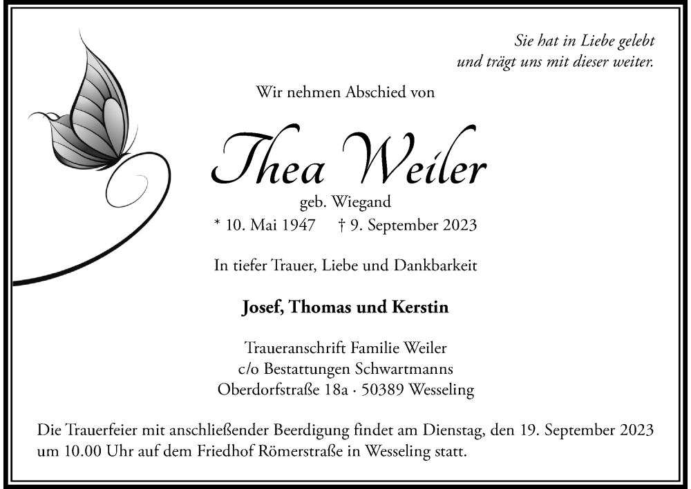  Traueranzeige für Thea Weiler vom 16.09.2023 aus Kölner Stadt-Anzeiger / Kölnische Rundschau / Express
