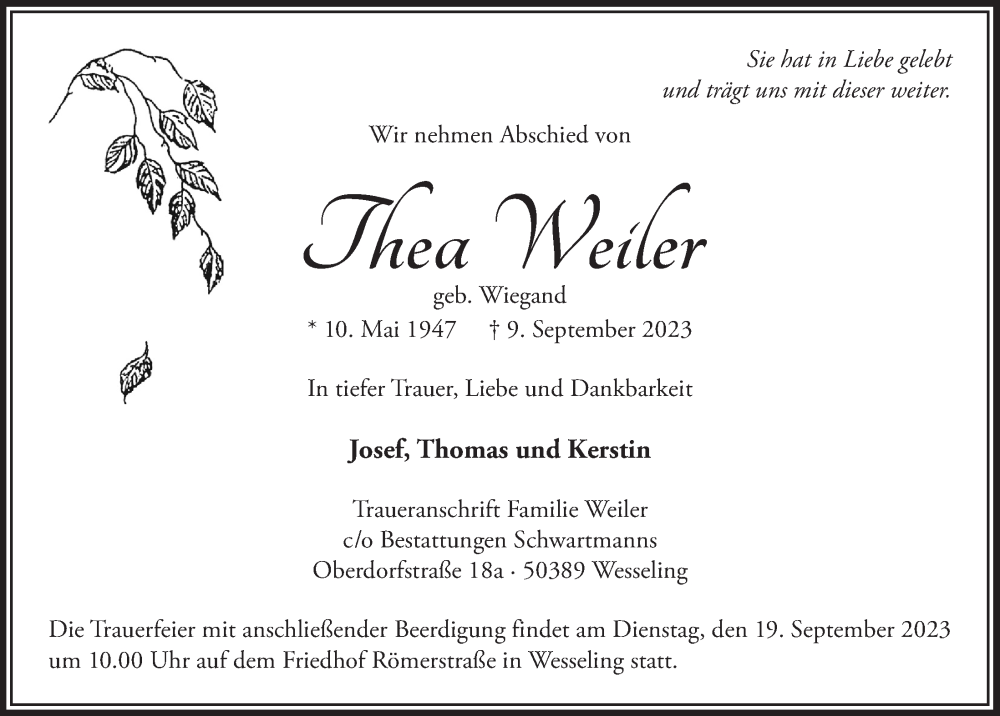  Traueranzeige für Thea Weiler vom 15.09.2023 aus  Schlossbote/Werbekurier 