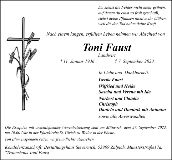 Anzeige von Toni Faust von  Blickpunkt Euskirchen 