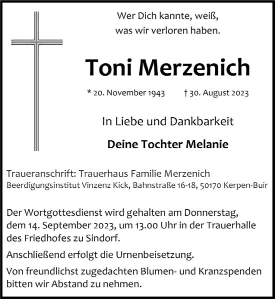 Anzeige von Toni Merzenich von  Werbepost 