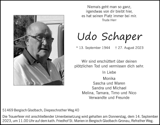 Anzeige von Udo Schaper von Kölner Stadt-Anzeiger / Kölnische Rundschau / Express