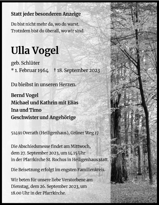 Anzeige von Ulla Vogel von Kölner Stadt-Anzeiger / Kölnische Rundschau / Express